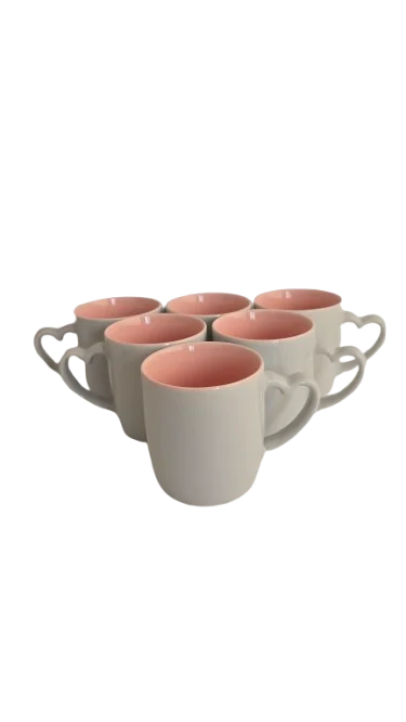 Set 6 cani cu toarta in forma de inima, 320 ml, Cesiro, Portelan, Gri/Roz