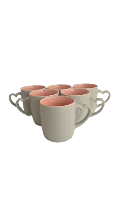 Set 6 cani cu toarta in forma de inima, 320 ml, Cesiro, Portelan, Gri/Roz 5