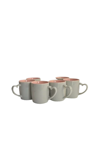 Set 6 cani cu toarta in forma de inima, 320 ml, Cesiro, Portelan, Gri/Roz 6