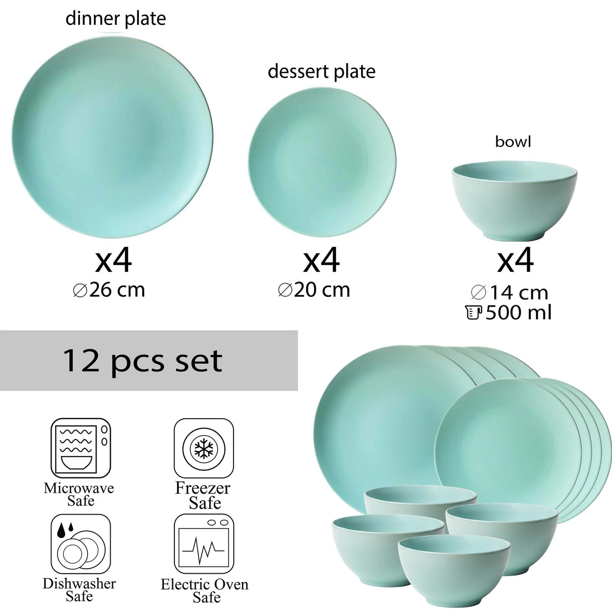 Set farfurii 12 piese, 4 persoane, peppermint, CESIRO, verde mat, imagine 2