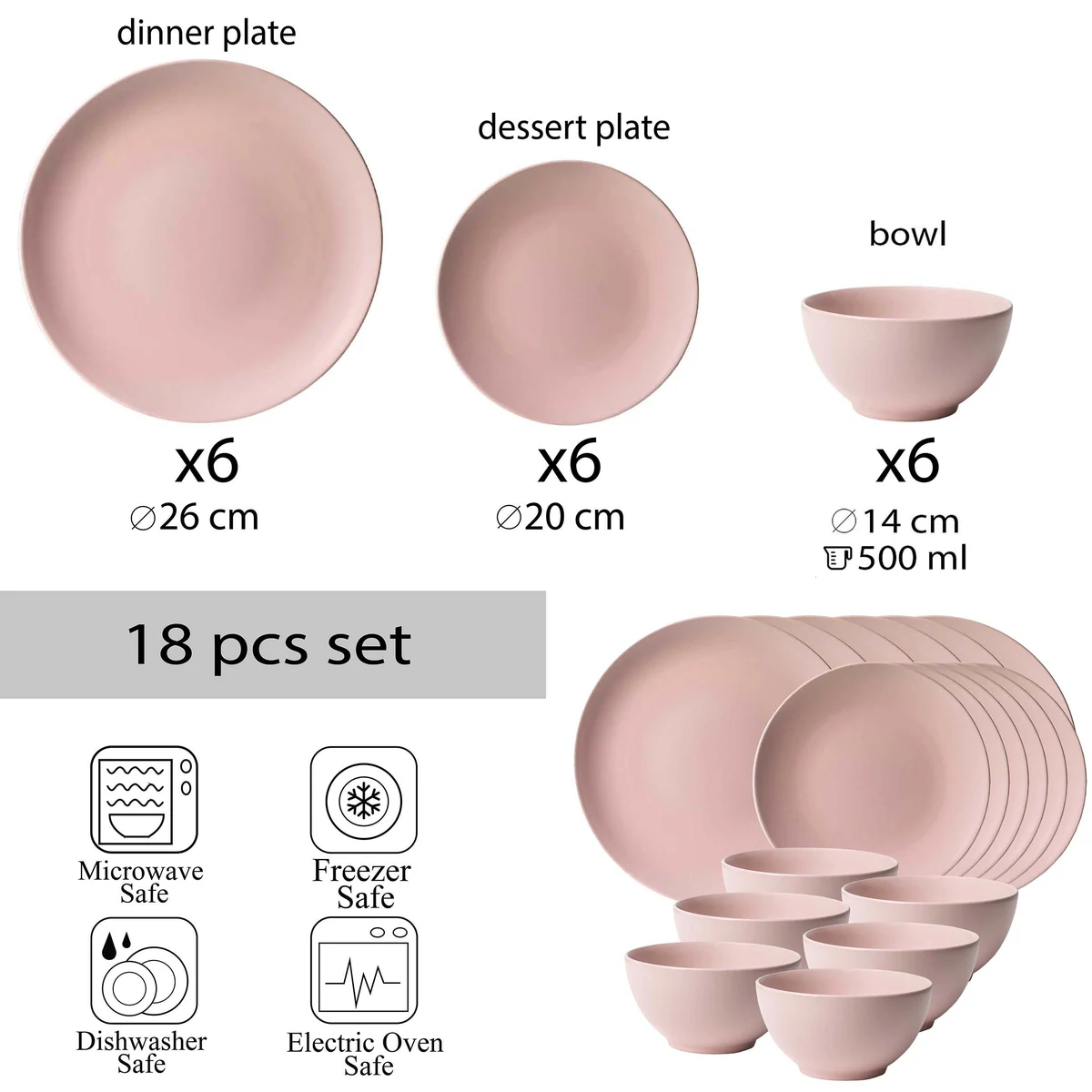 Set farfurii 18 piese, 6 persoane, pastel pink, CESIRO, roz mat, imagine 2
