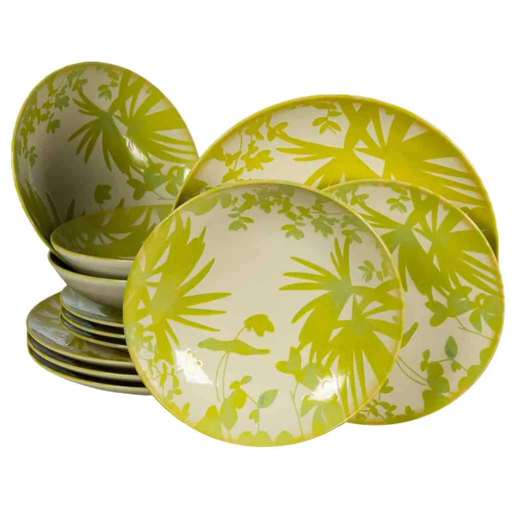 Set farfurii 12 piese, 4 persoane, Hawaii, Alb Ivoire, frunze verde-galbui