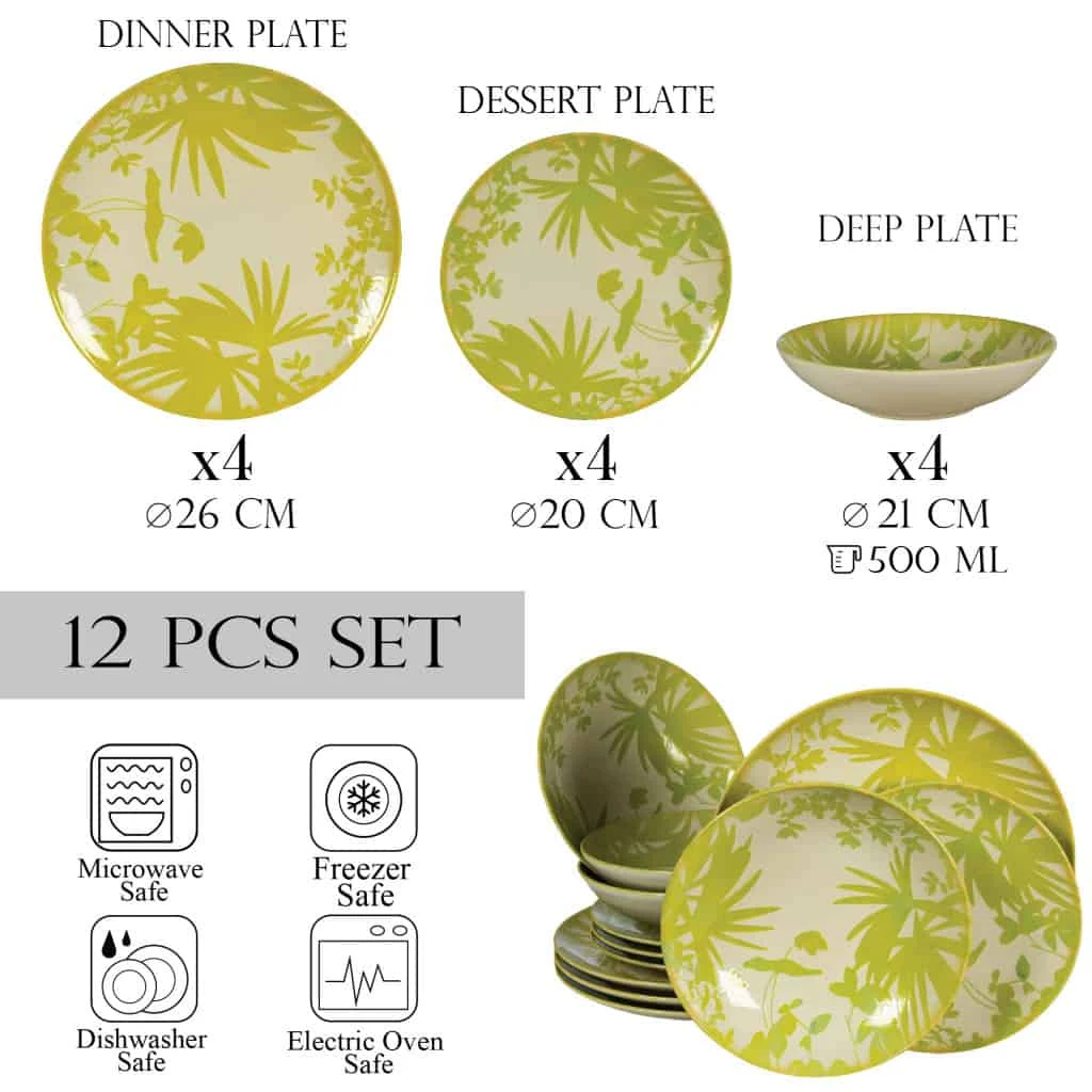 Set farfurii 12 piese, 4 persoane, hawaii, alb ivoire, frunze verde-galbui, imagine 2