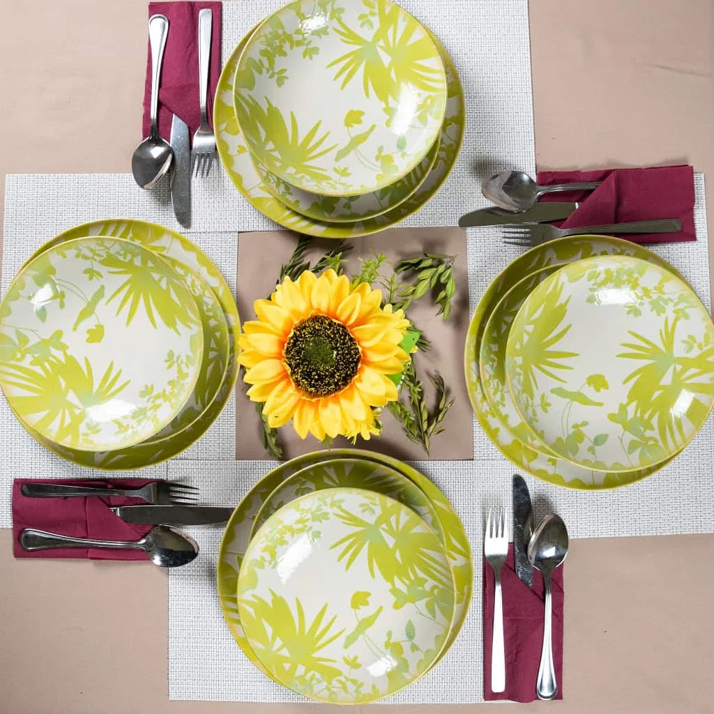 Set farfurii 12 piese, 4 persoane, hawaii, alb ivoire, frunze verde-galbui, imagine 6