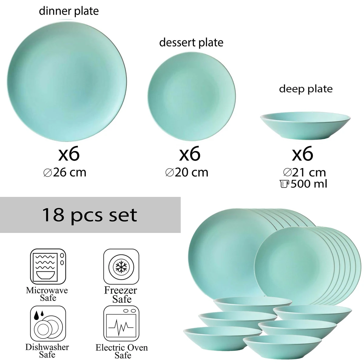Set farfurii 18 piese, 6 persoane, peppermint, verde menta mat, imagine 2