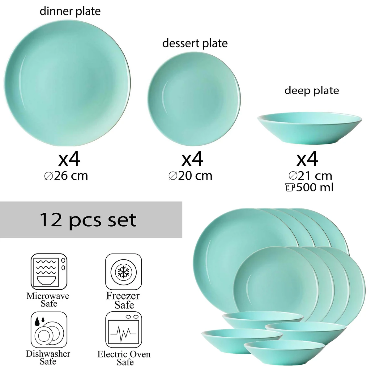 Set farfurii 12 piese, 4 persoane, peppermint, verde menta, imagine 2