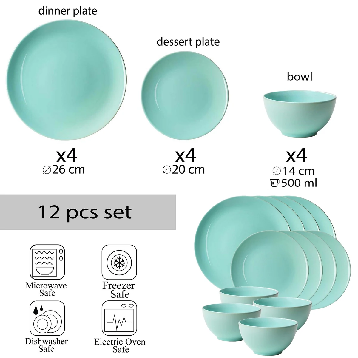 Set farfurii 12 piese, 4 persoane, peppermint, verde menta, imagine 2