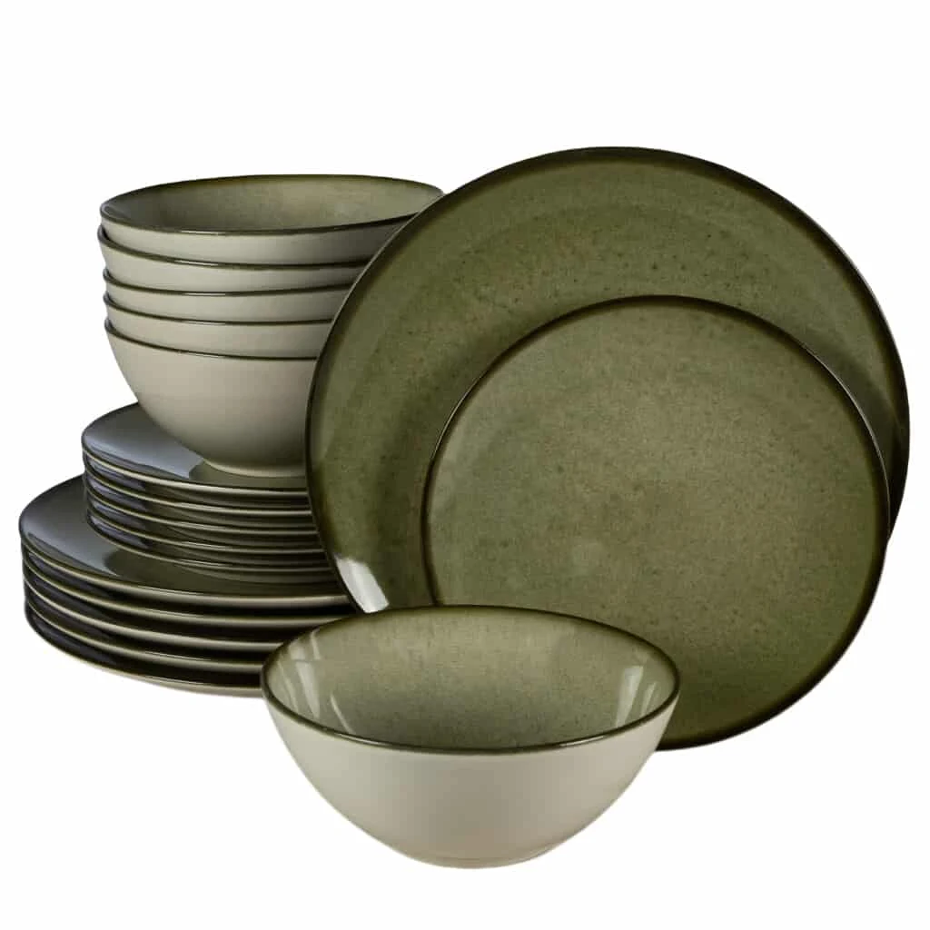 Set plates 18 piese, 6 persoane, earth green, white ivoire glossy with green