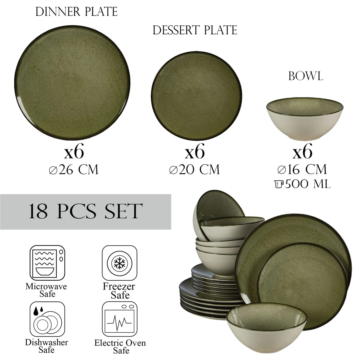 Set farfurii 18 piese, 6 persoane, earth green, alb ivoire lucios cu verde, imagine 2