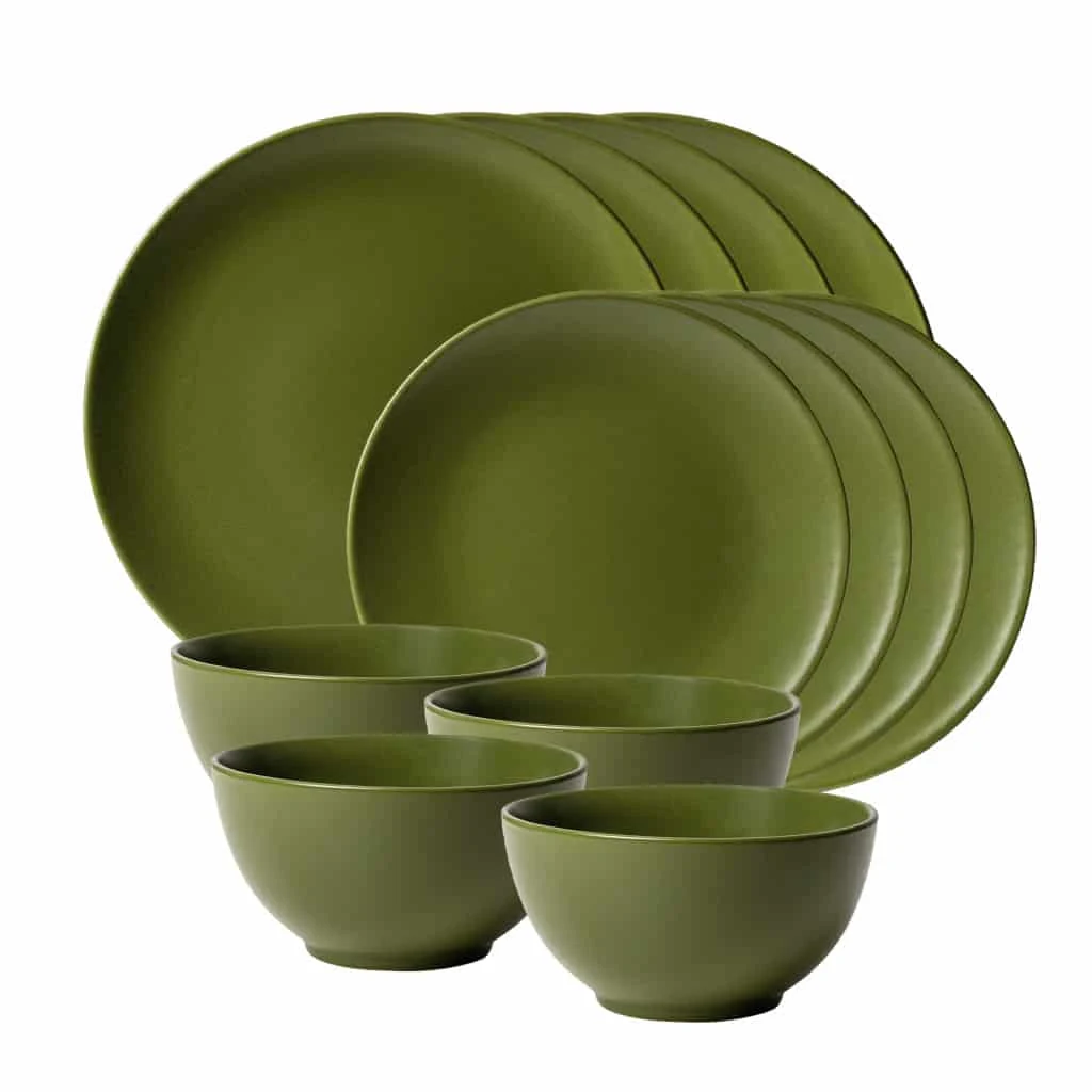 Set plates 12 piese, 4 persoane, olive green, green masliniu matte