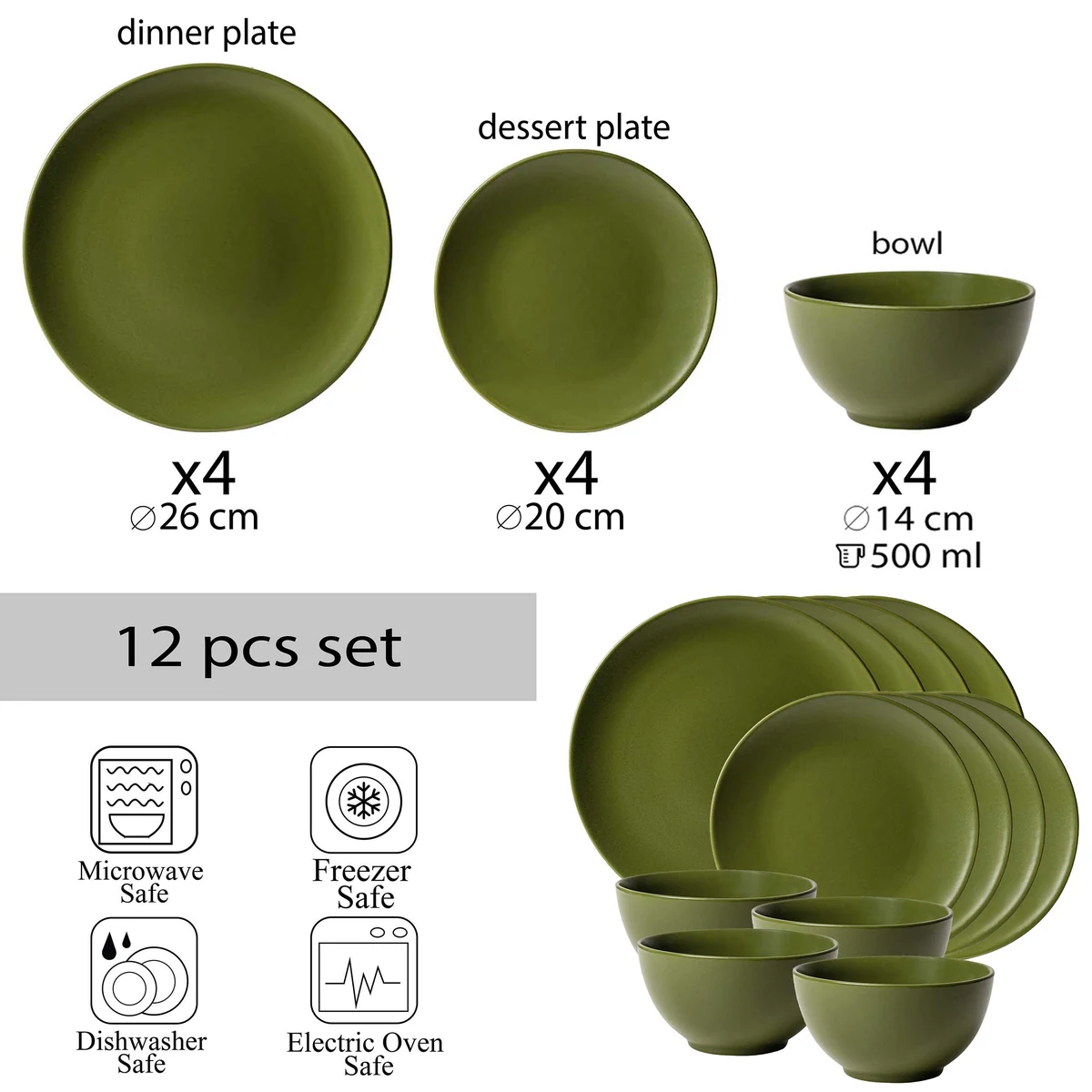 Set farfurii 12 piese, 4 persoane, olive green, verde masliniu mat, imagine 2
