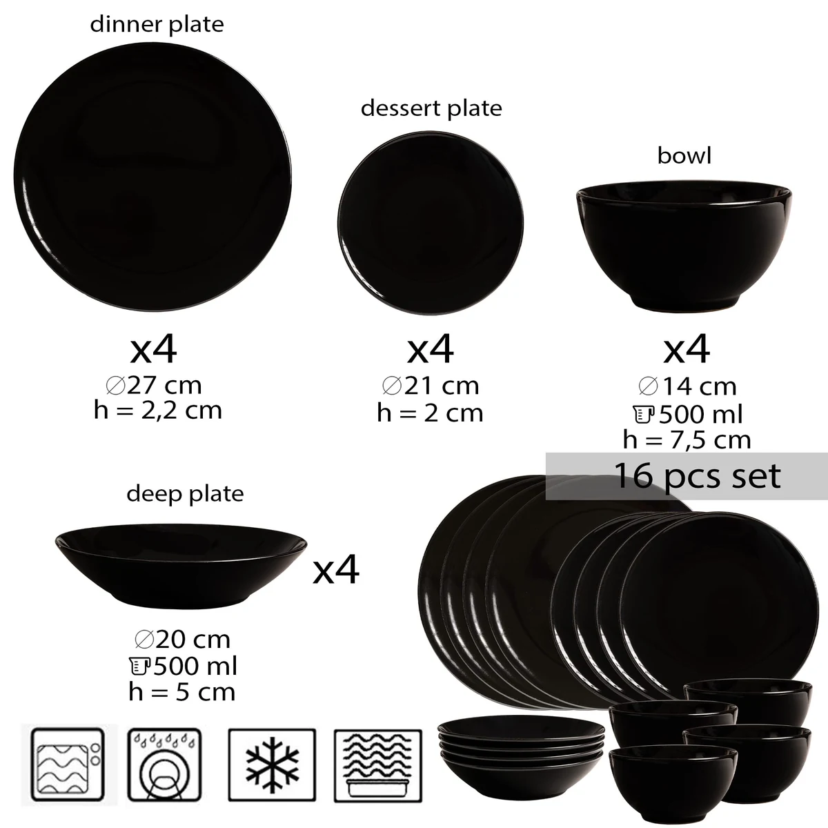 Set farfurii 16 piese, 4 persoane, abyss, CESIRO, negru lucios, imagine 2