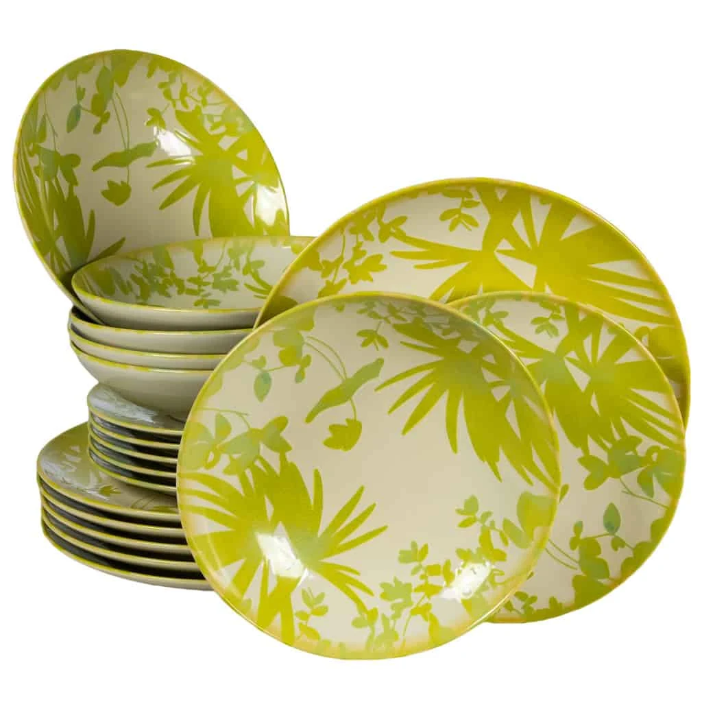 Set farfurii 18 piese, 6 persoane, Hawaii, Alb ivoire cu frunze verde-galbui