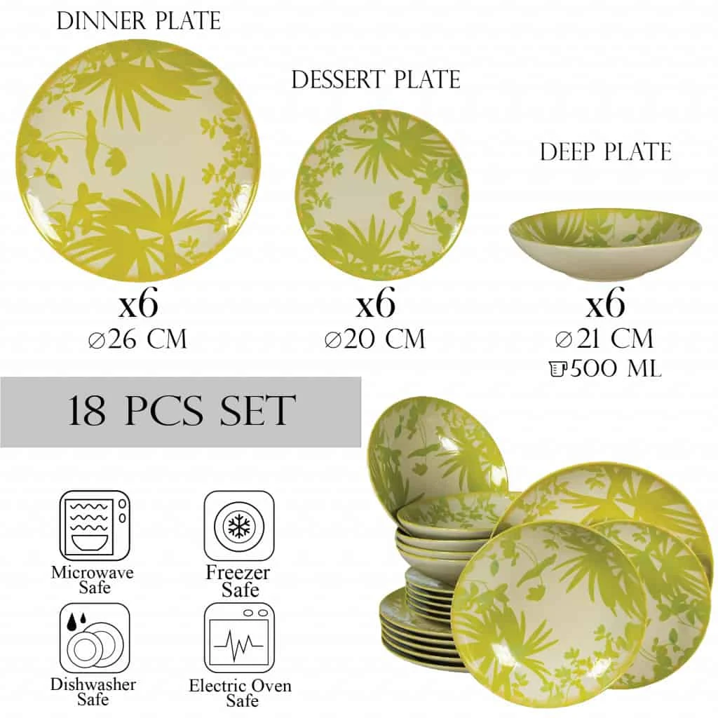 Set farfurii 18 piese, 6 persoane, hawaii, alb ivoire cu frunze verde-galbui, imagine 2