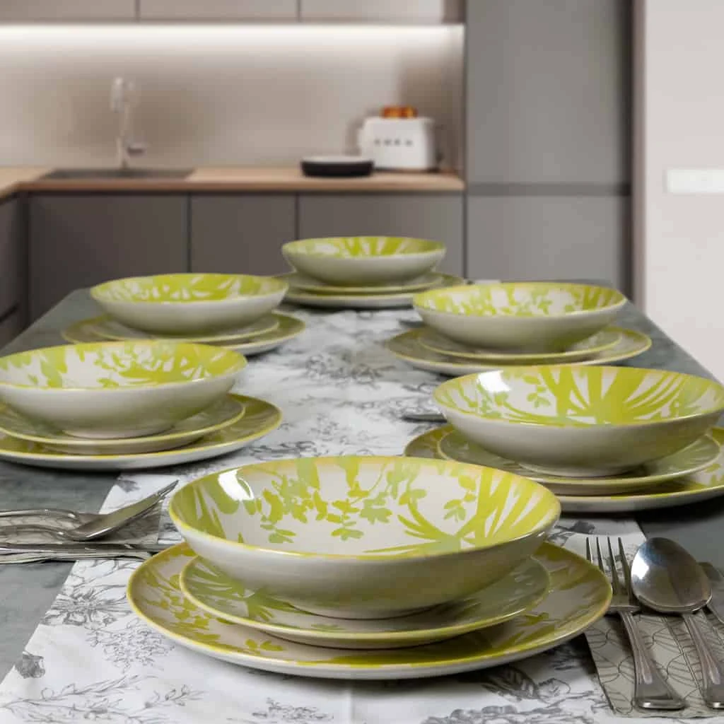 Set farfurii 18 piese, 6 persoane, hawaii, alb ivoire cu frunze verde-galbui, imagine 7