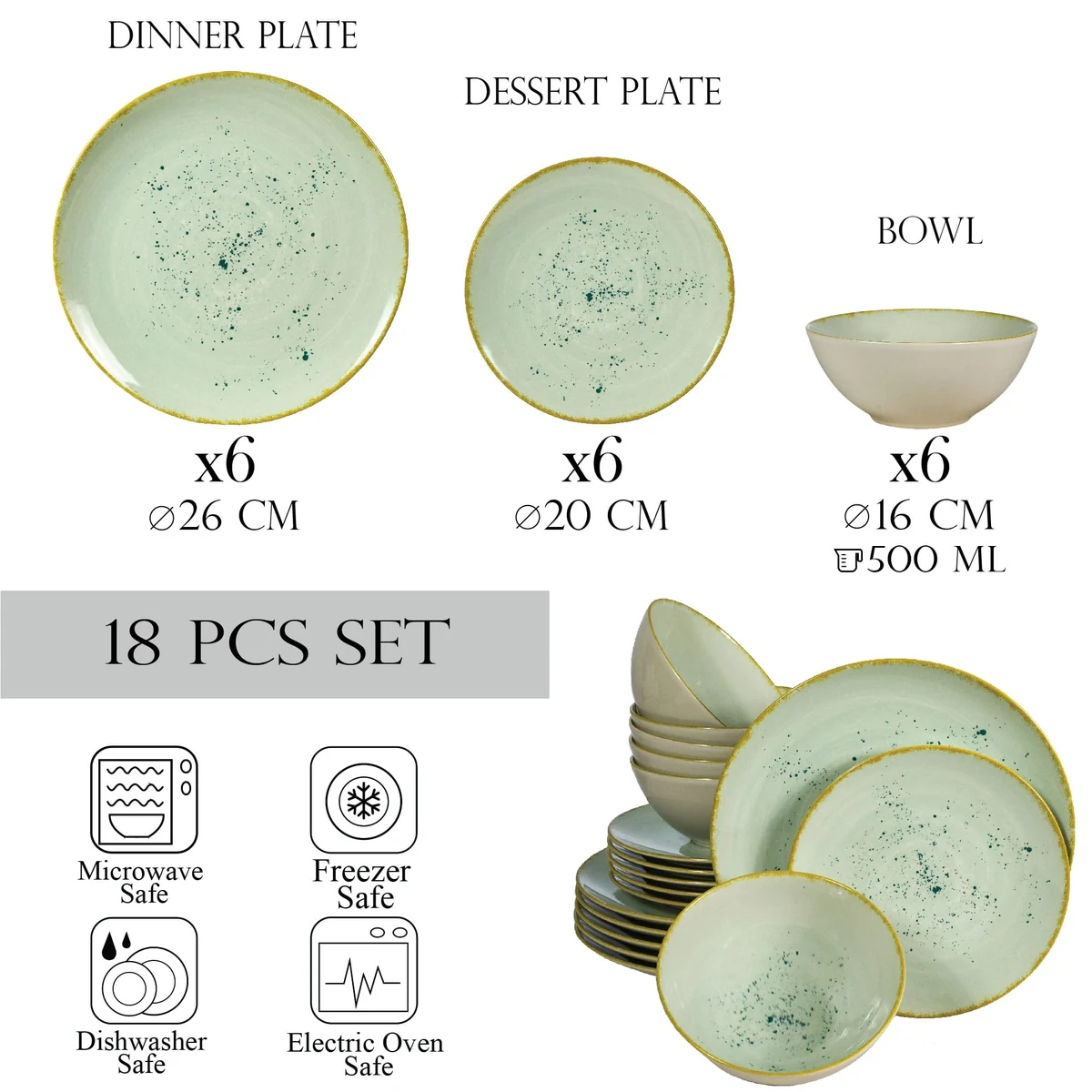 Set farfurii 18 piese, 6 persoane, light pistachio, verde pastel., imagine 2