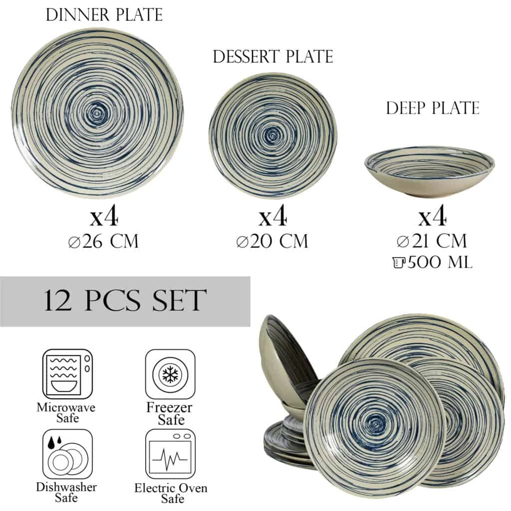 Set farfurii 12 piese, 4 persoane, alb ivoire cu albastru, imagine 2