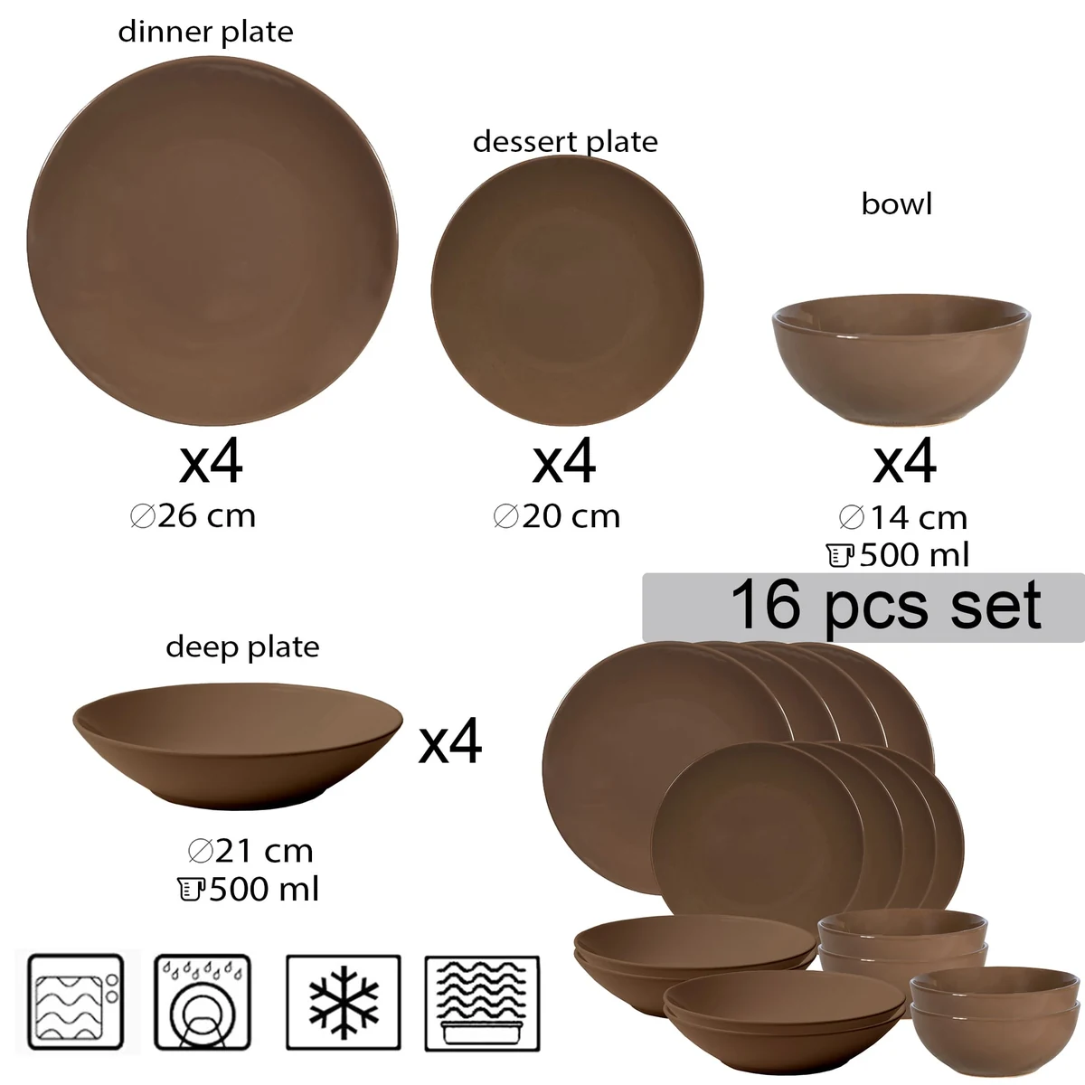 Set farfurii 16 piese, 4 persoane, dark chocolate, maro inchis, imagine 2