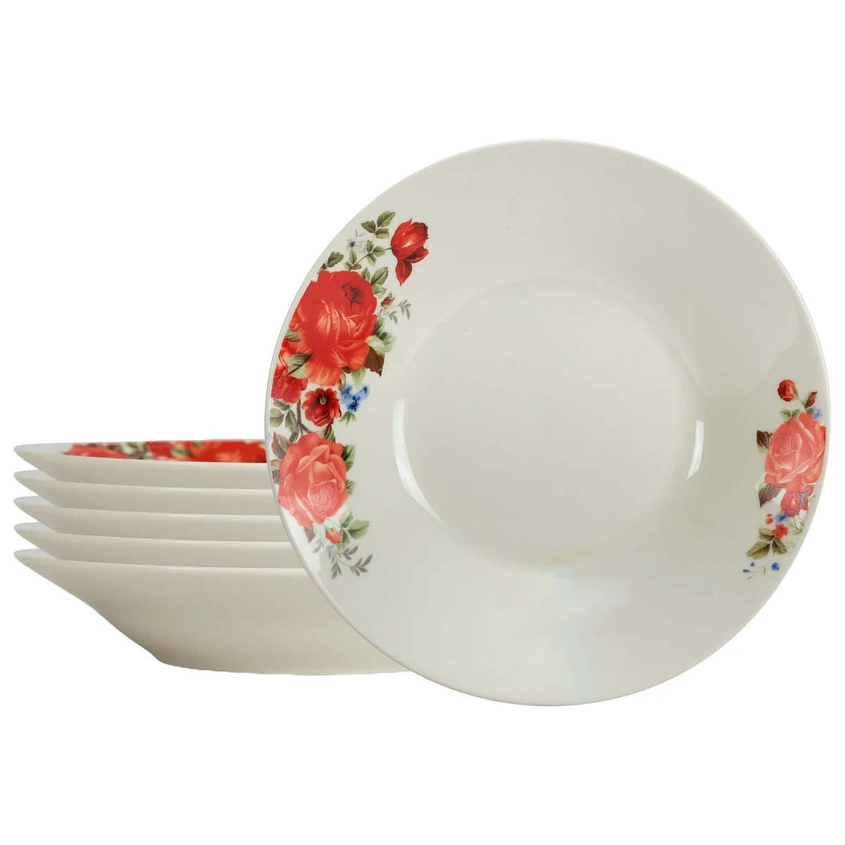 Σετ πιάτα βαθιά 20 cm x 280 ml, 6 persoane, ivoire με trandafir κόκκινο