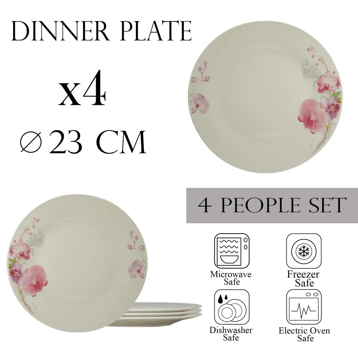 Set farfurii intinse pentru 4 persoane, 23 cm, ivoire cu orhidee, imagine 2