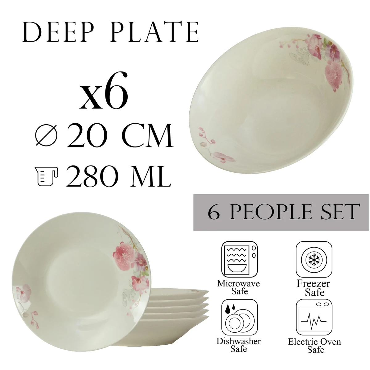 Set farfurii adanci 6 persoane 20 cm x 280 ml, ivoire cu orhidee, imagine 2
