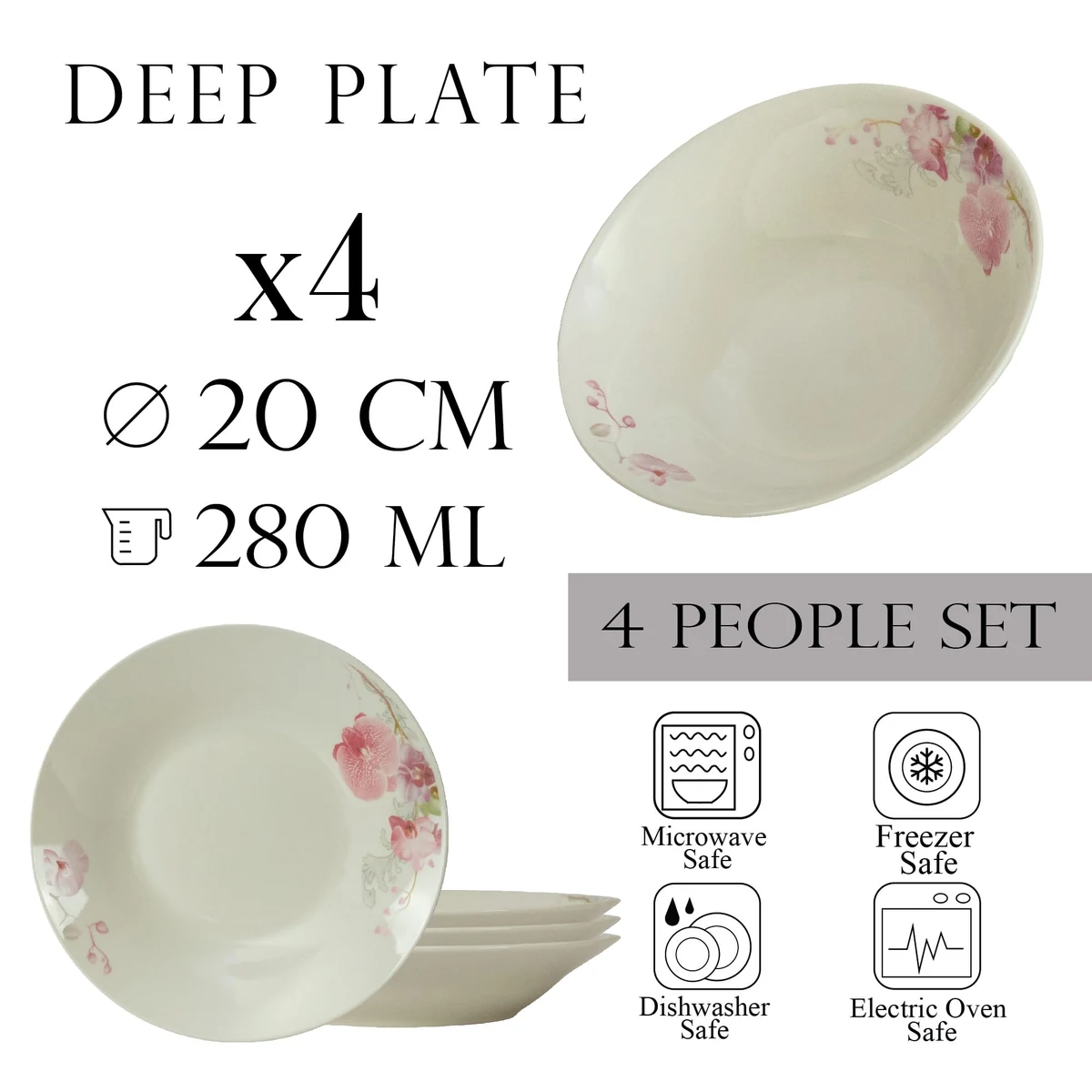 Set farfurii adanci 20 cm x 280 ml pt 4 pers ivoire cu orhidee, imagine 2