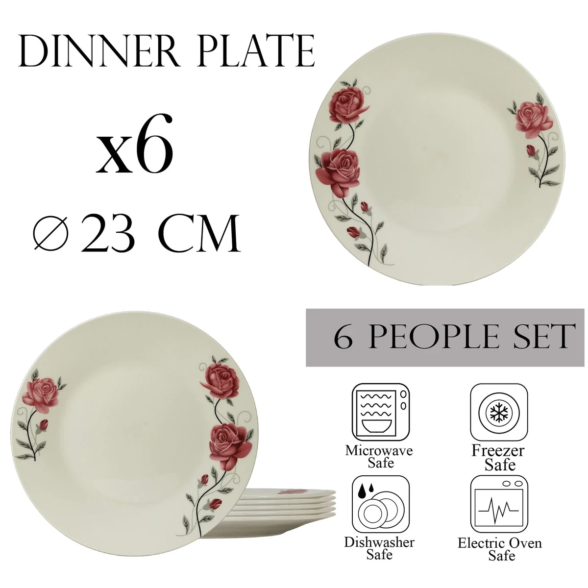 Set farfurii intinse 23 cm, 6 persoane, ivoire cu trandafir roz, imagine 2