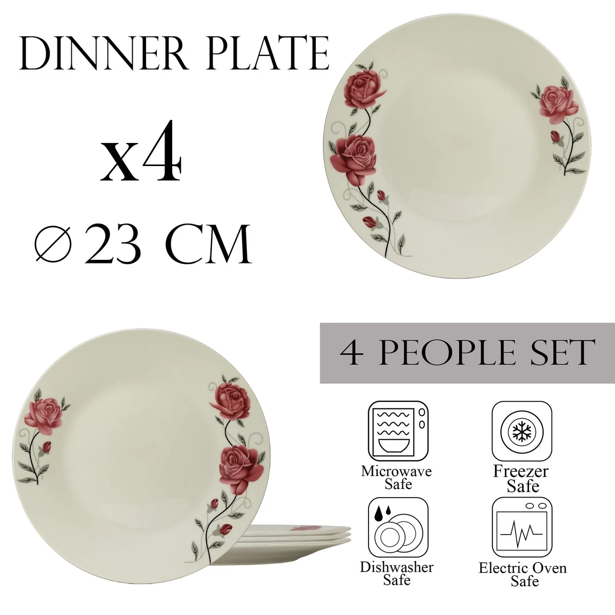 Set farfurii intinse 23 cm, 4 persoane, ivoire cu trandafir roz, imagine 2