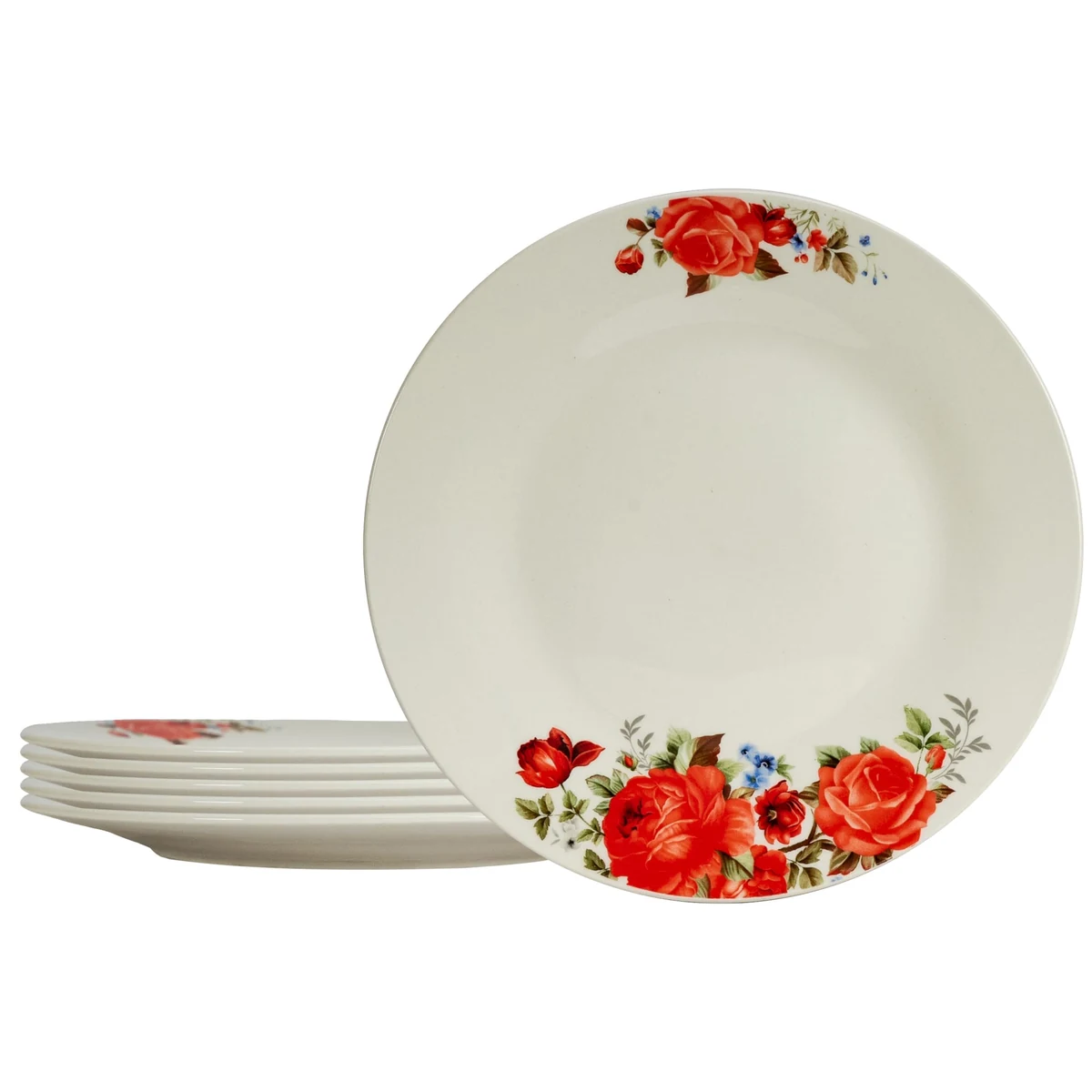 Set farfurii intinse 23 cm, 6 persoane, Ivoire cu trandafir rosu