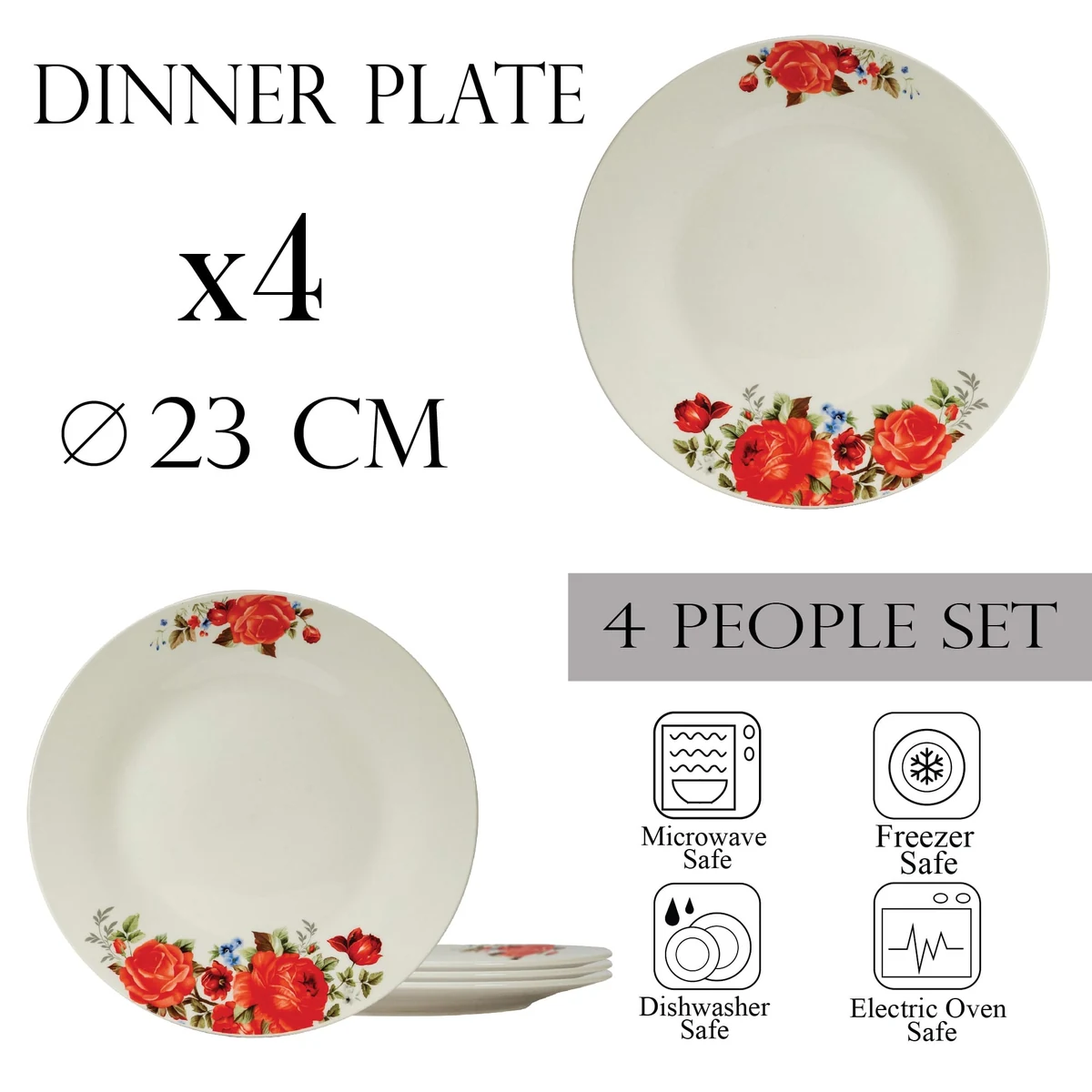Set farfurii intinse 23 cm, 4 persoane, ivoire cu trandafir rosu, imagine 2