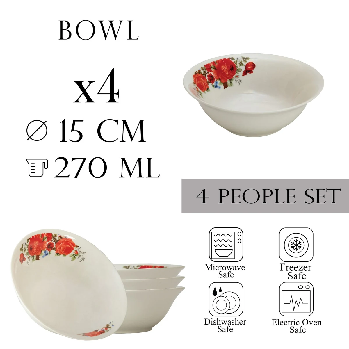 Set boluri 15 cm x 270 ml 4 pers, ivoire cu trandafir rosu, imagine 2