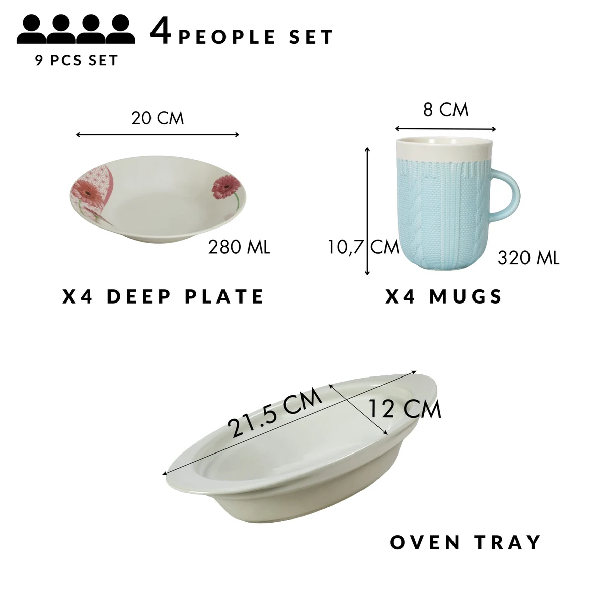Set veselă completă, 4 pers., 9 piese, cană albastră, farfurie adâncă, tavă termorezistentă, porțelan cu margarete, imagine 2