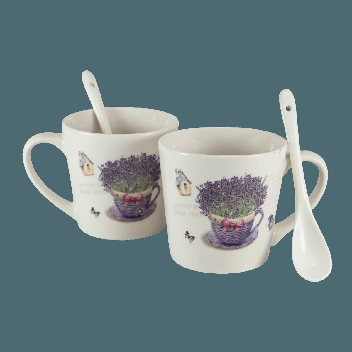 Set doua cani, 170 ml, Alb cu design cos de lavanda