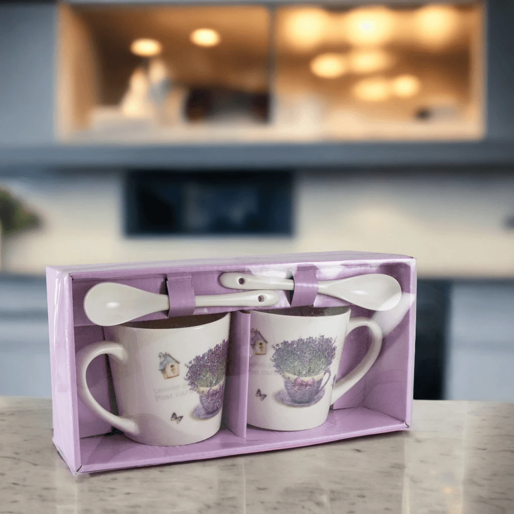 Set doua cani, 170 ml, alb cu design cos de lavanda, imagine 3