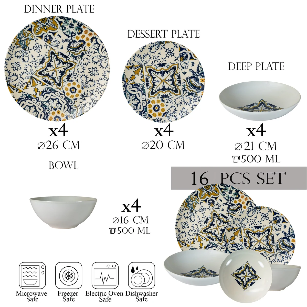 Set farfurii 16 piese, 4 persoane-set veselă porțelan mosaico lussuoso, imagine 2