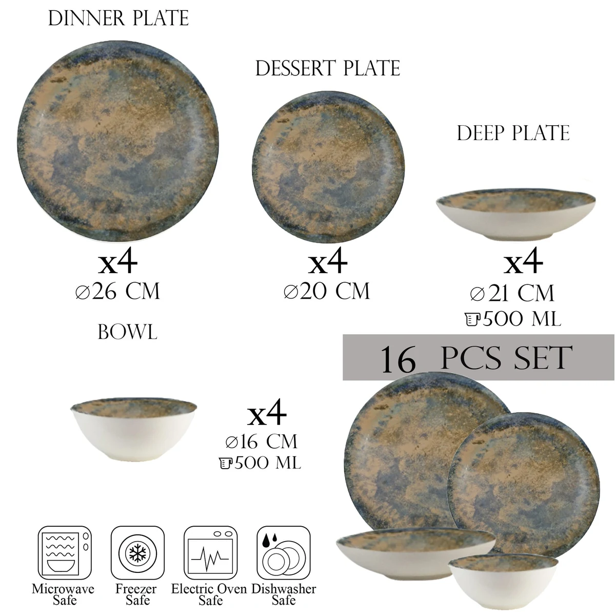 Set farfurii 16 piese, 4 persoane - veselă italiană porțelan ensemble bronzo elegante, imagine 2
