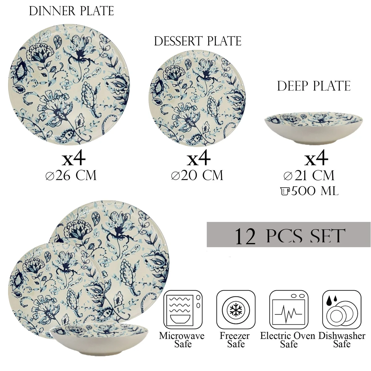 Set farfurii 12 piese, 4 persoane, cu farfurie adancă - gloria azzurra - veselă italiană porțelan, imagine 2