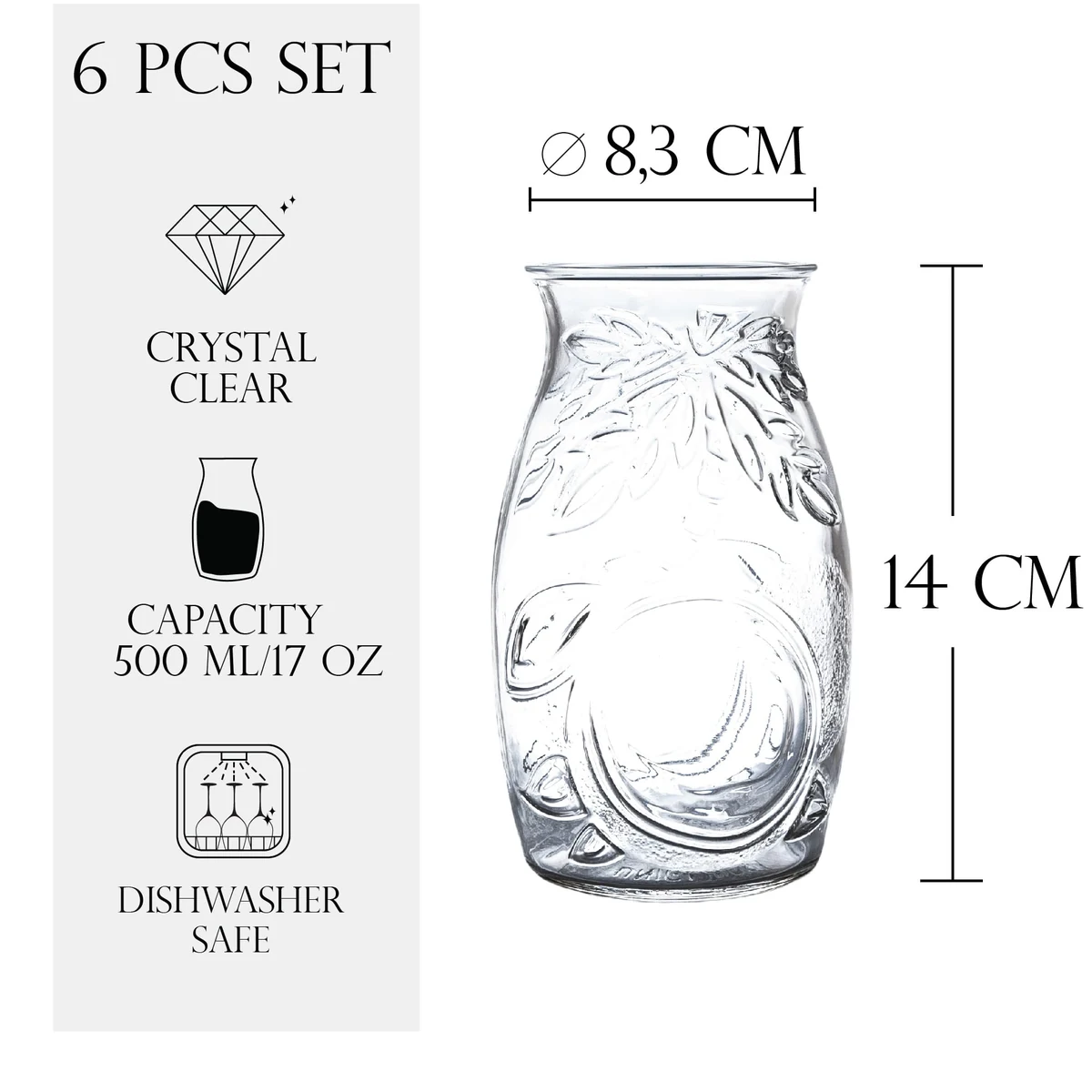 Set 6 pahare din sticla decorate in relief de 500 ml, CESIRO, imagine 2