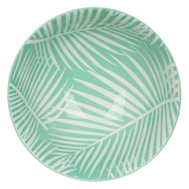 Bol din portelan verde cu frunze tropicale albe 690ml, imagine 2