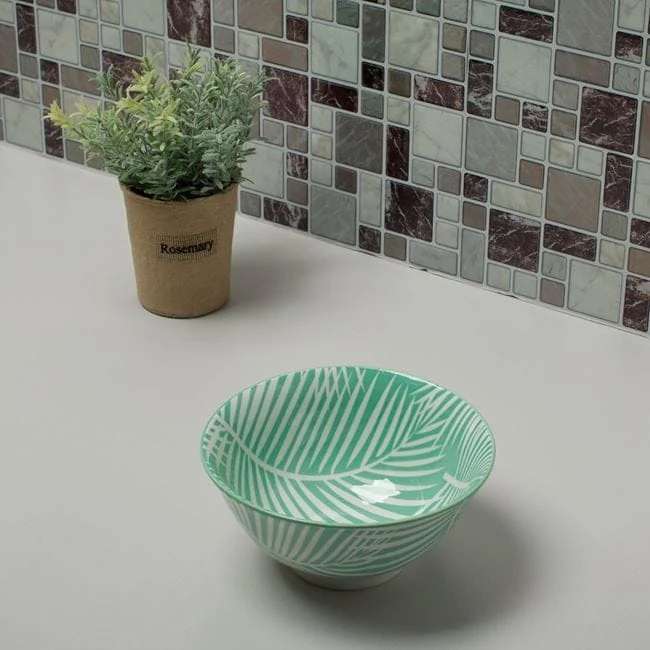 Bol din portelan verde cu frunze tropicale albe 690ml, imagine 3