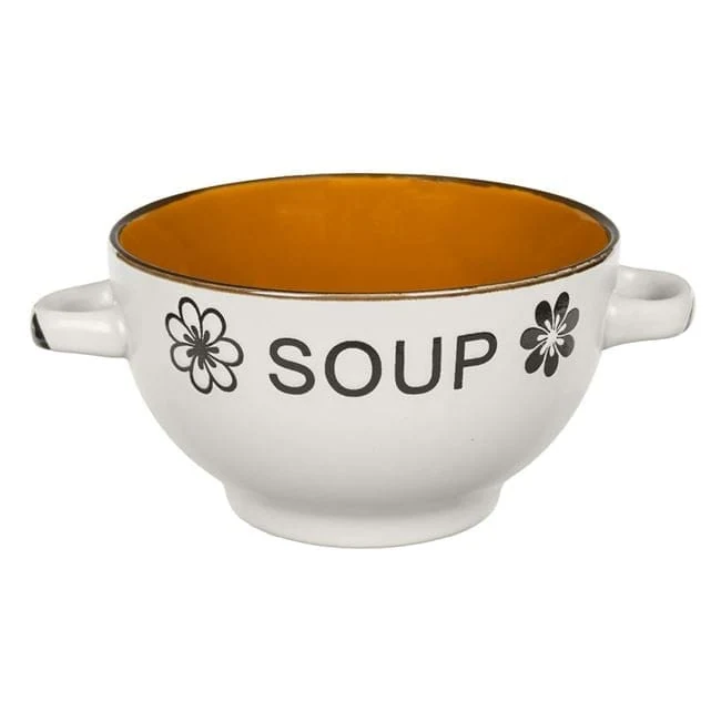 Bol din Portelan Bej Maro cu Model Flori "SOUP" & Manere 650ml