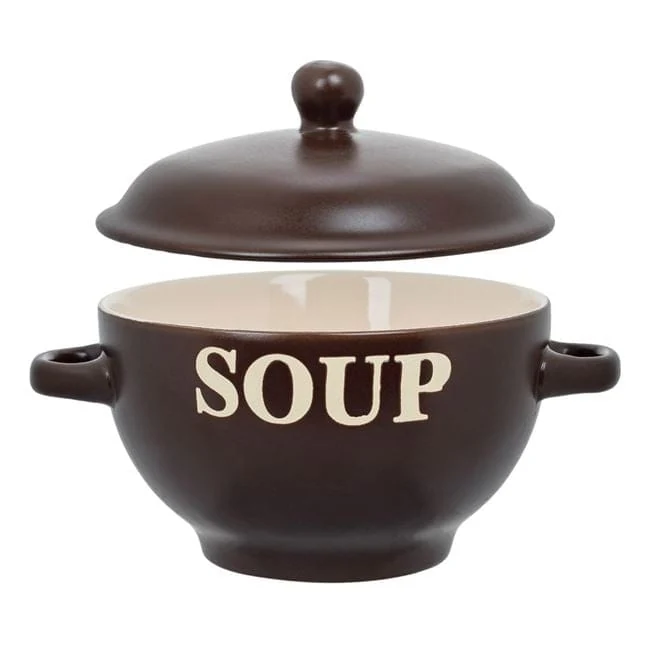 Bol ceramic maro cu manere & capac "soup" pentru supa 650ml, imagine 2