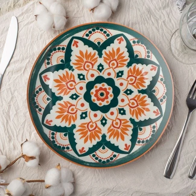 Farfurie din portelan verde portocalie aztec pentru desert ø15cm, imagine 2