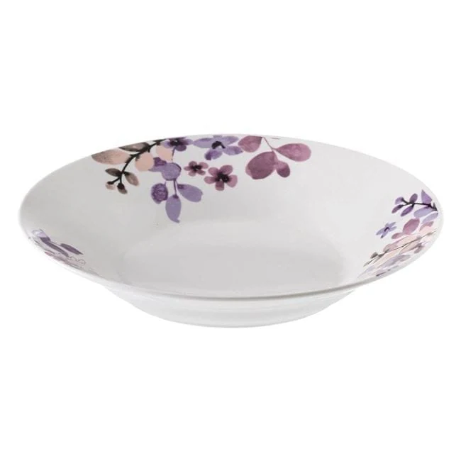 Farfurie Adanca de Portelan Alba cu Flori Mov 22.5cm