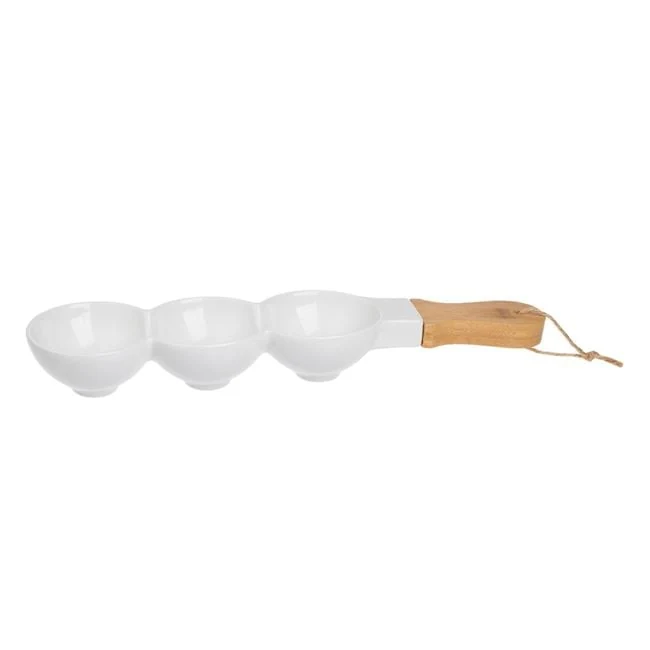 Platou ceramic alb cu 3 compartimente & maner lemn 40x9.8x5.3cm, imagine 3