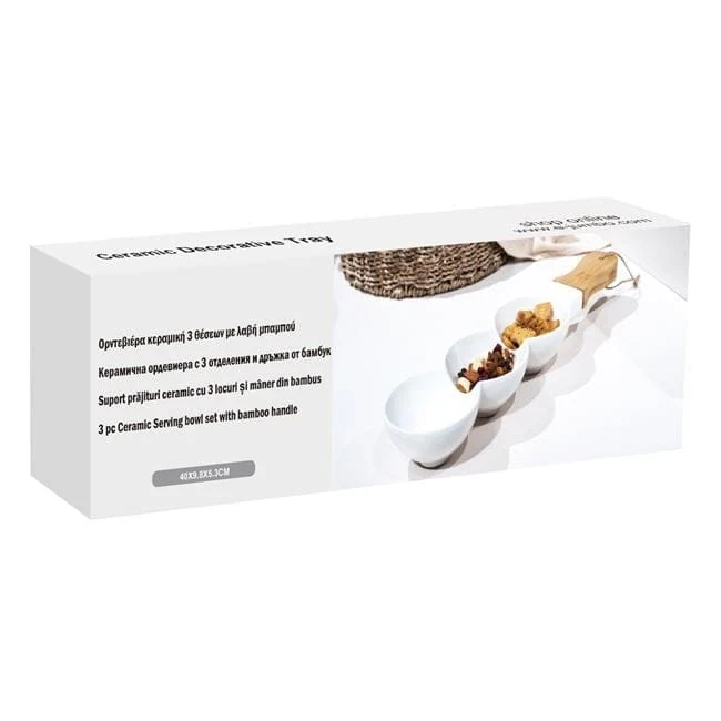 Platou ceramic alb cu 3 compartimente & maner lemn 40x9.8x5.3cm, imagine 5