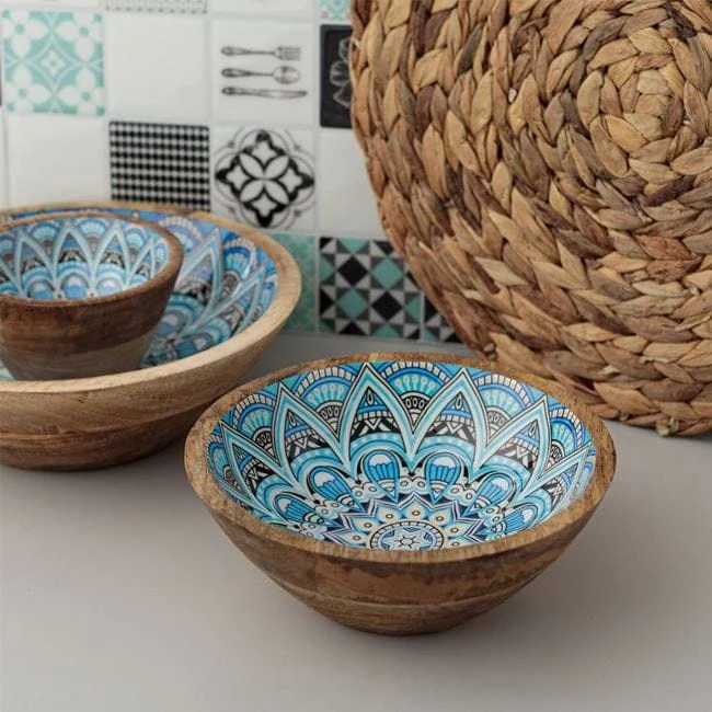 Bol din lemn cu smalt & modele albastre albe ø20x8cm, imagine 2