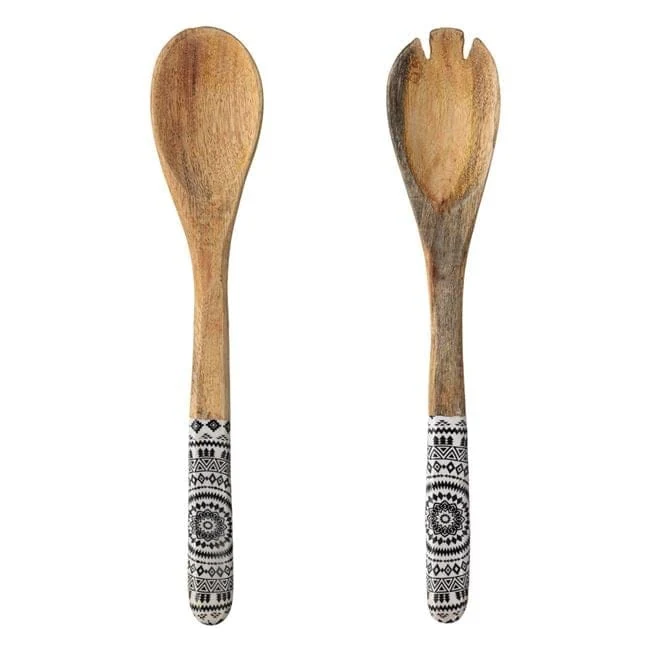 Készlet lingura furculita servit lemn model fekete fehér aztec 31cm