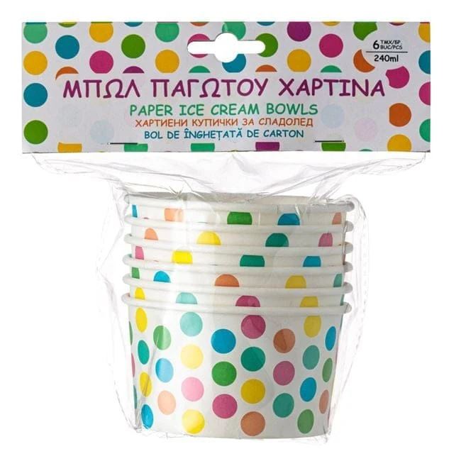 Boluri inghetata hartie alba buline multicolore 240ml - 6buc, imagine 2