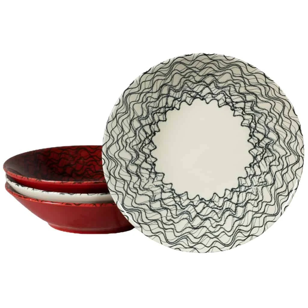 Set 4 farfurii adanci, 21 cm, Crem/Rosu cu linii curbate